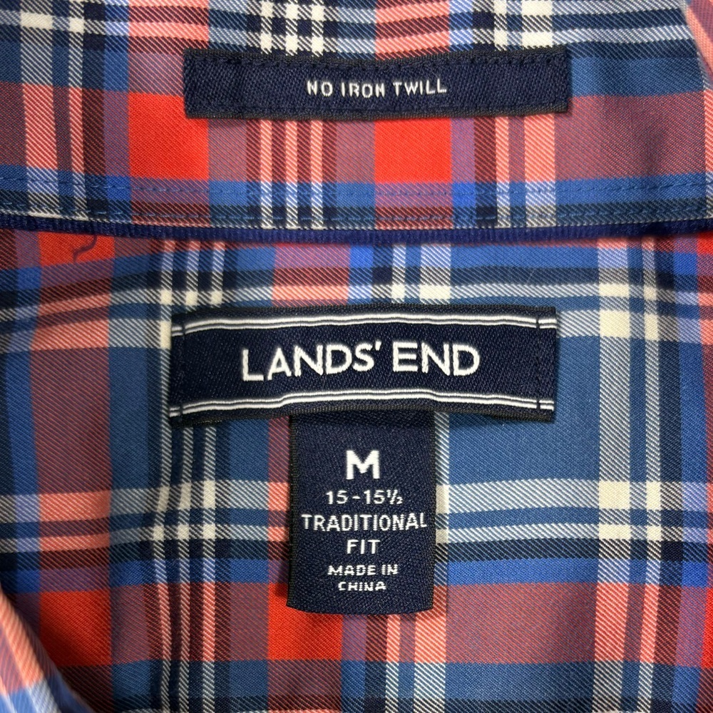 Lands' End Men's No Iron Red and Blue Plaid Traditional Fit Shirt | Size M - Picture 7 of 8